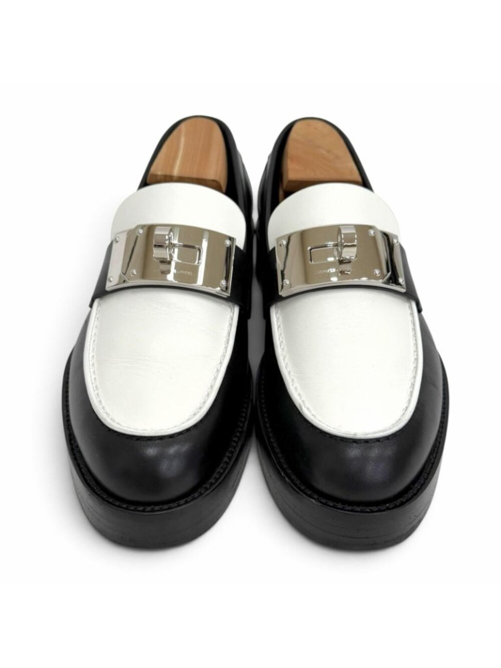 Hermes Hot Loafers Leather Moccasins Kelly Buckle Shoes Black White IT - Picture 3 of 12